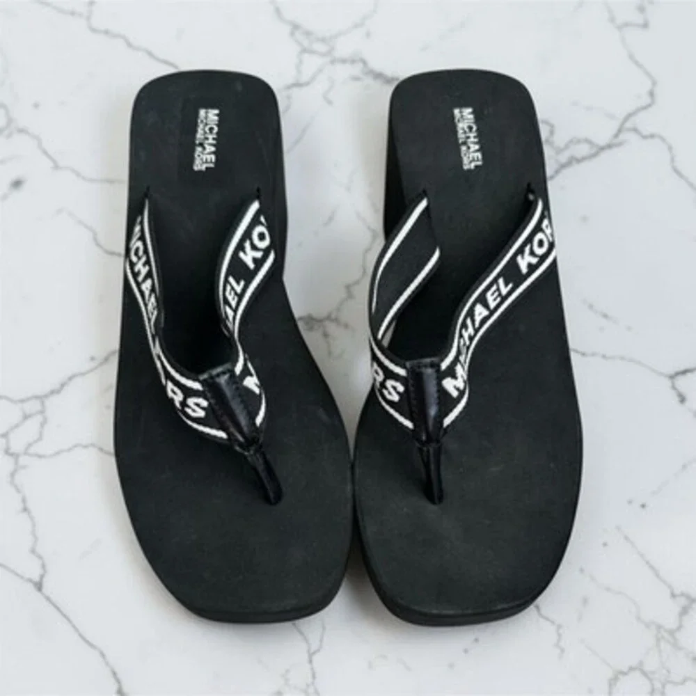 Michael Kors Women's 8 Black Logo Thong Wedge Slip-On Textile Sandals